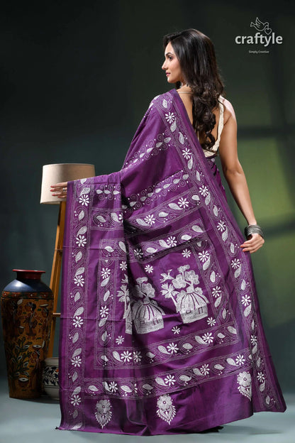 Palatinate purple village theme shantiniketan kantha silk saree purple batik saree white floral 5