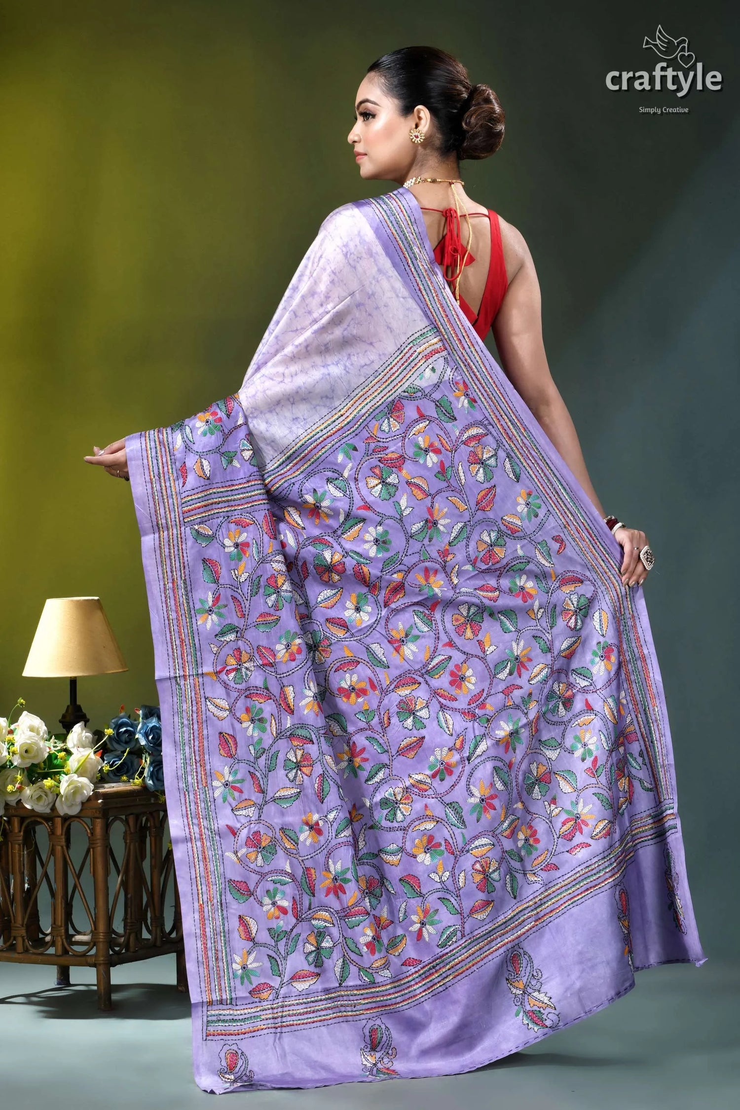 Pale lavender floral design kantha stitch hand batik silk saree lavender silk saree intricate multicolored 4