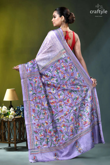 Pale lavender floral design kantha stitch hand batik silk saree lavender silk saree intricate multicolored 4