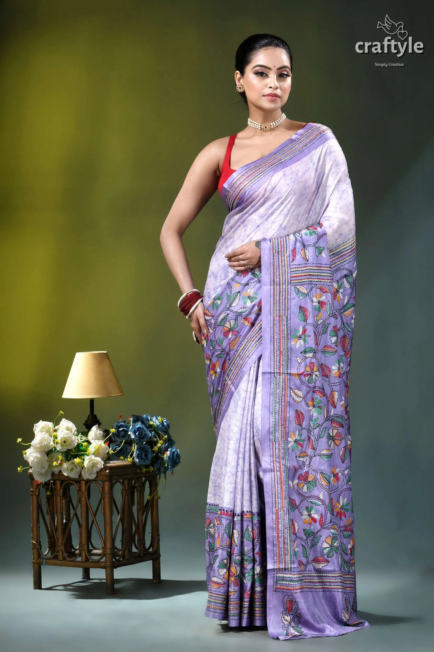 Pale lavender floral design kantha stitch hand batik silk saree woman wears lavender silk saree 6