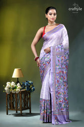 Pale lavender floral design kantha stitch hand batik silk saree woman wears lavender silk saree 6