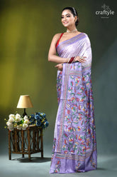 Pale lavender floral design kantha stitch hand batik silk saree lavender silk saree intricate floral 3