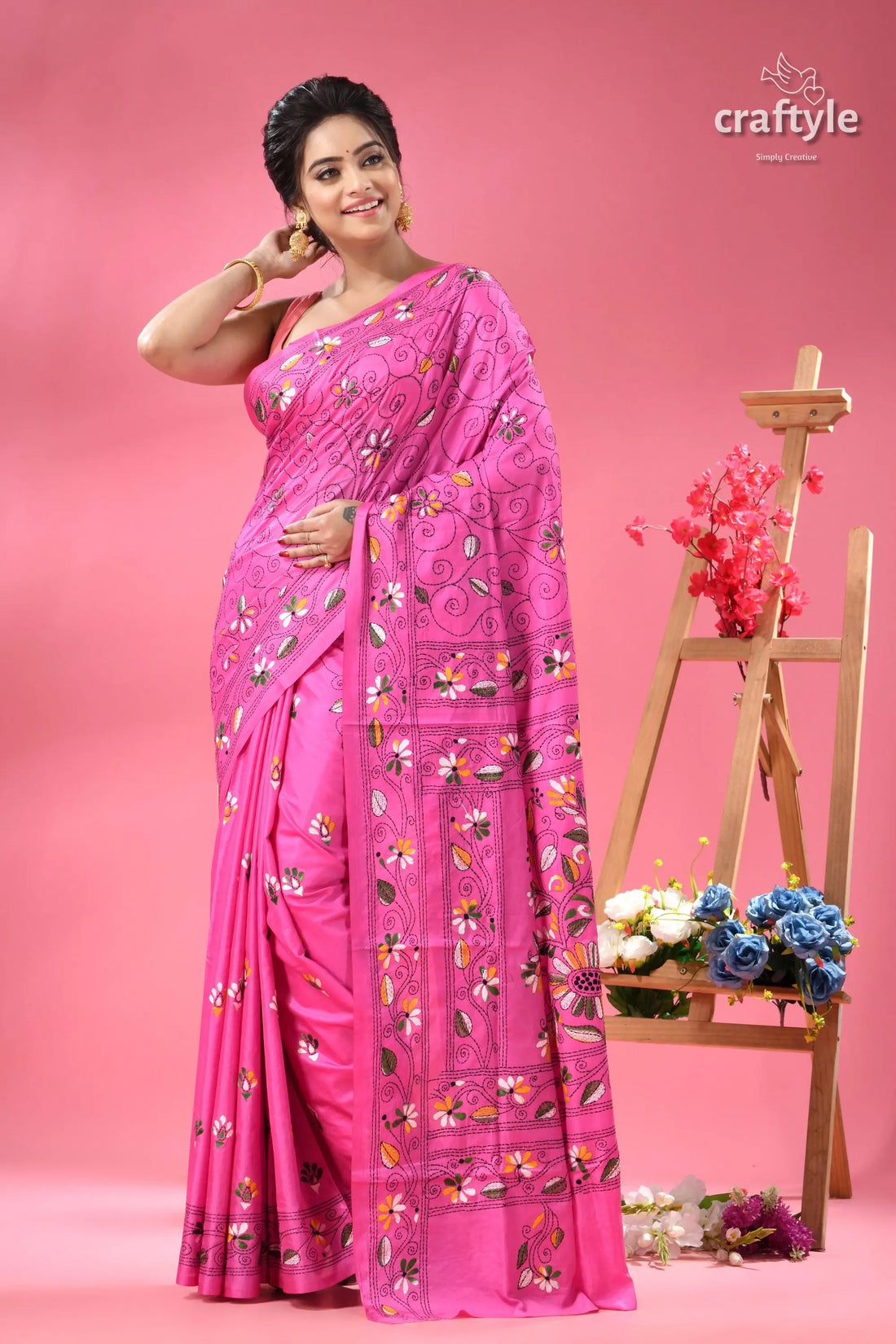 Pale magenta flora and fauna theme kantha silk saree pink saree colorful floral leaf 1