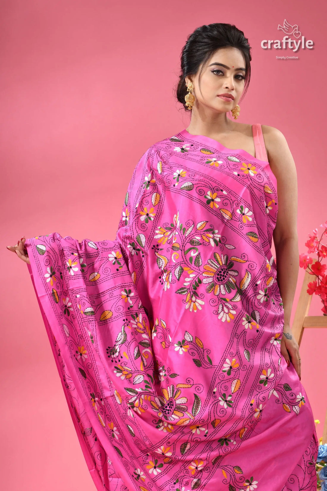 Pale magenta flora and fauna theme kantha silk saree pink silk saree colorful floral 2