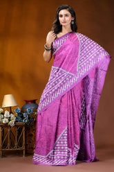Pale magenta geometric hand batik gujrati stitch dyed silk saree with mirror detailing vibrant purple saree intricate