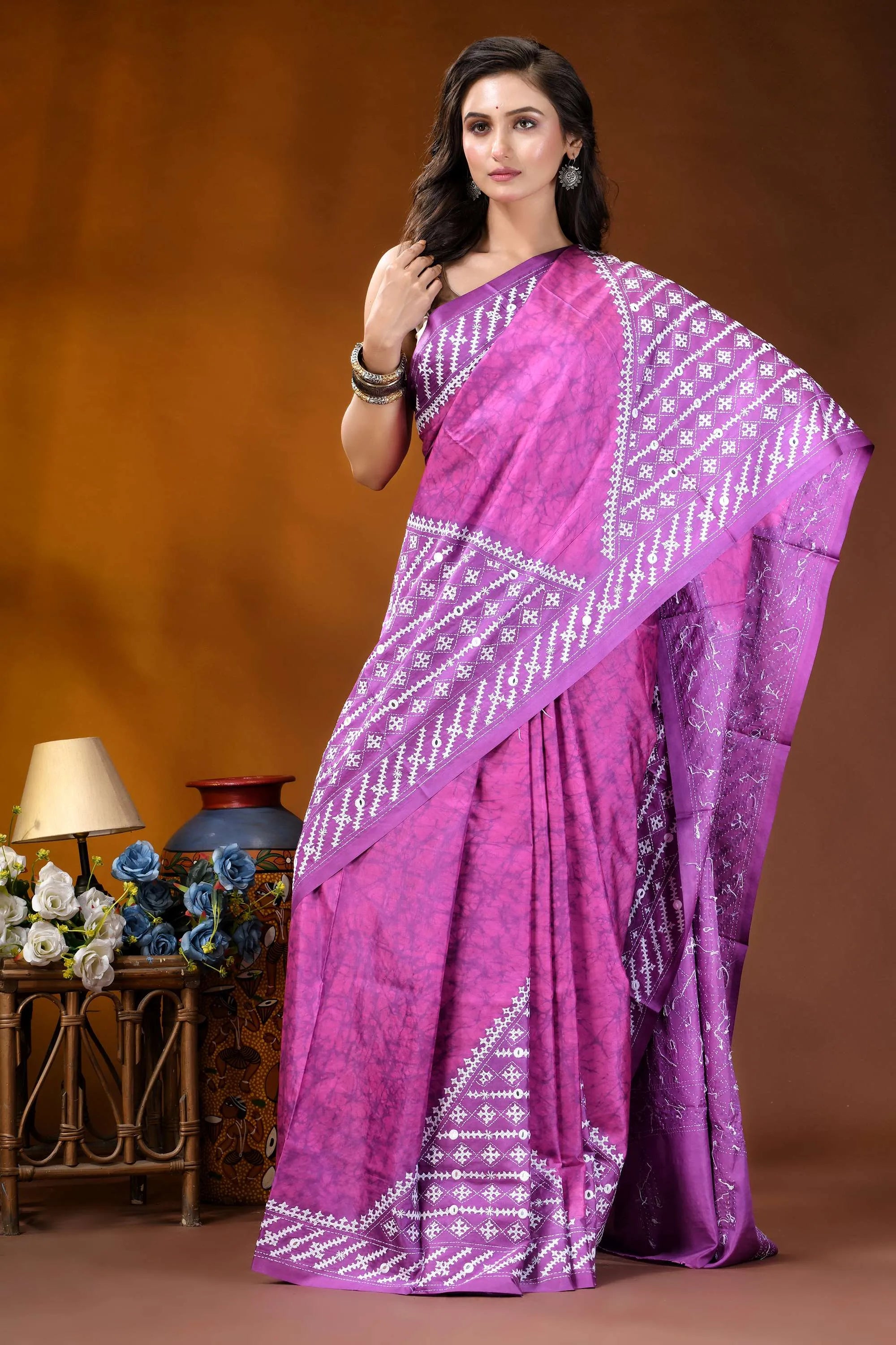 Pale magenta geometric hand batik gujrati stitch dyed silk saree with mirror detailing vibrant purple saree intricate