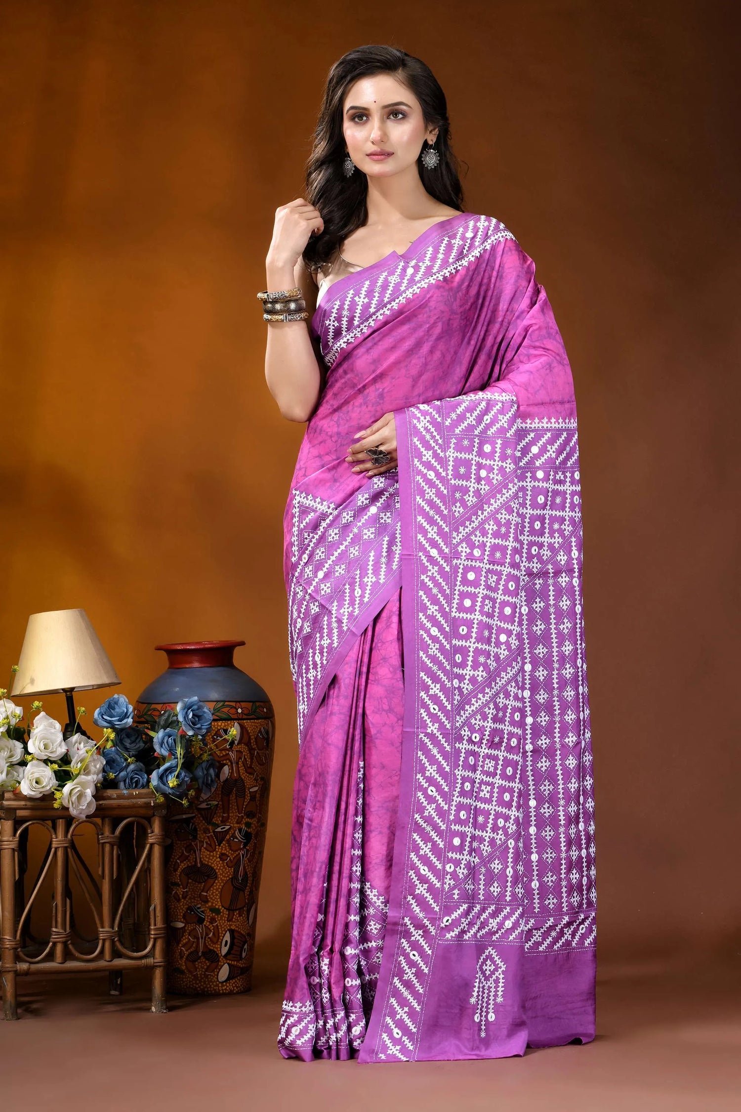 Pale magenta geometric hand batik gujrati stitch dyed silk saree with mirror detailing vibrant purple saree intricate