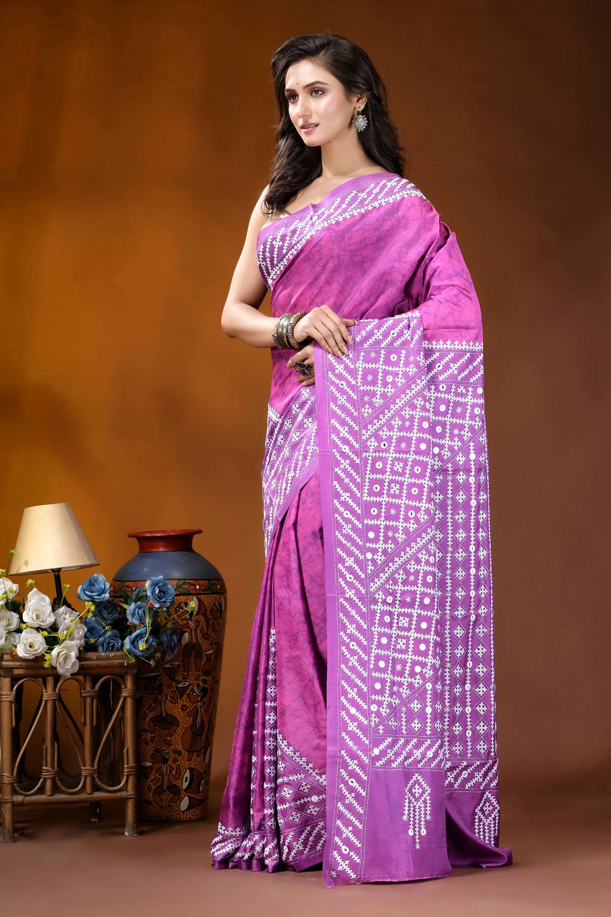 Pale magenta geometric hand batik gujrati stitch dyed silk saree with mirror detailing vibrant purple saree intricate