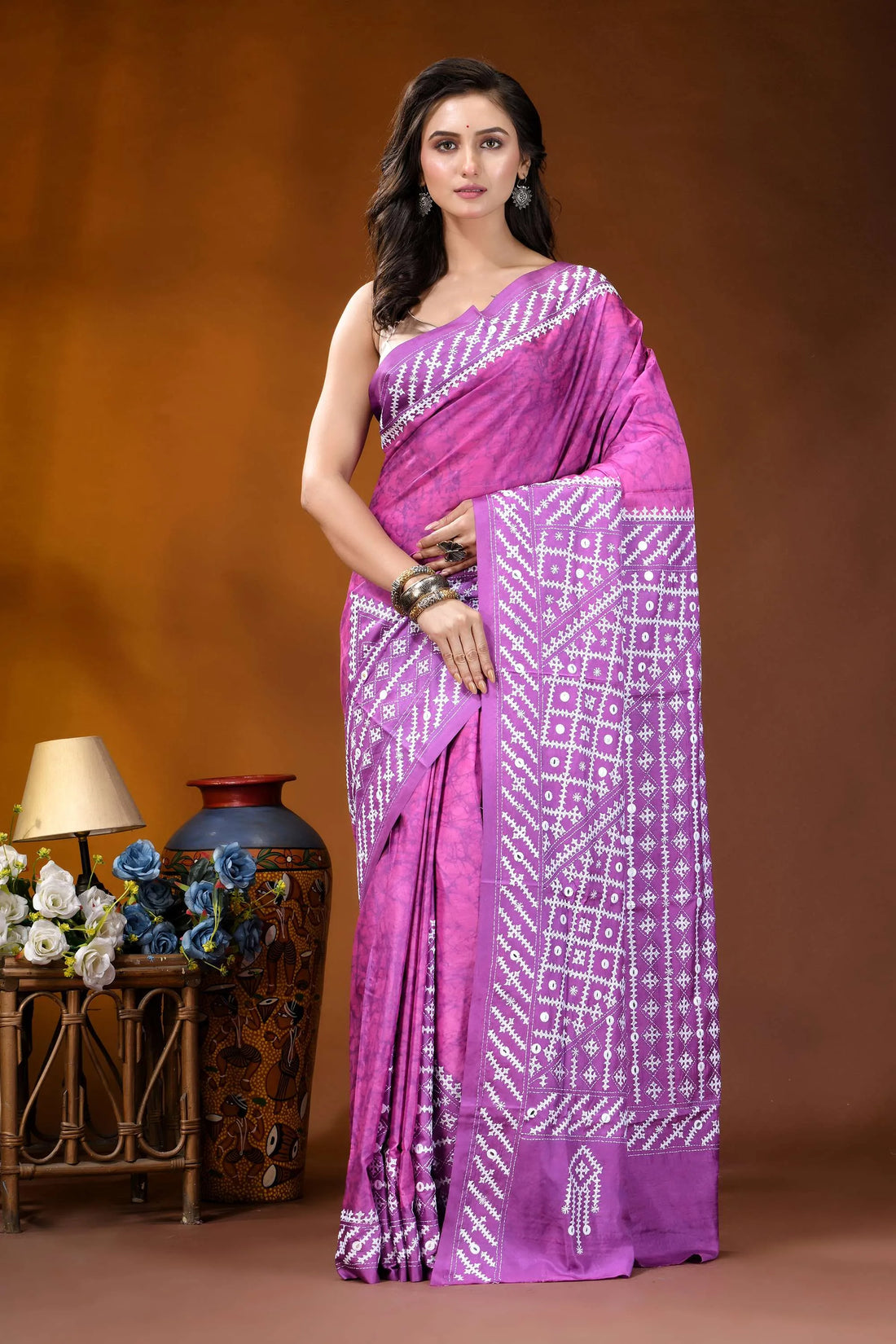 Pale magenta geometric hand batik gujrati stitch dyed silk saree with mirror detailing vibrant purple saree intricate
