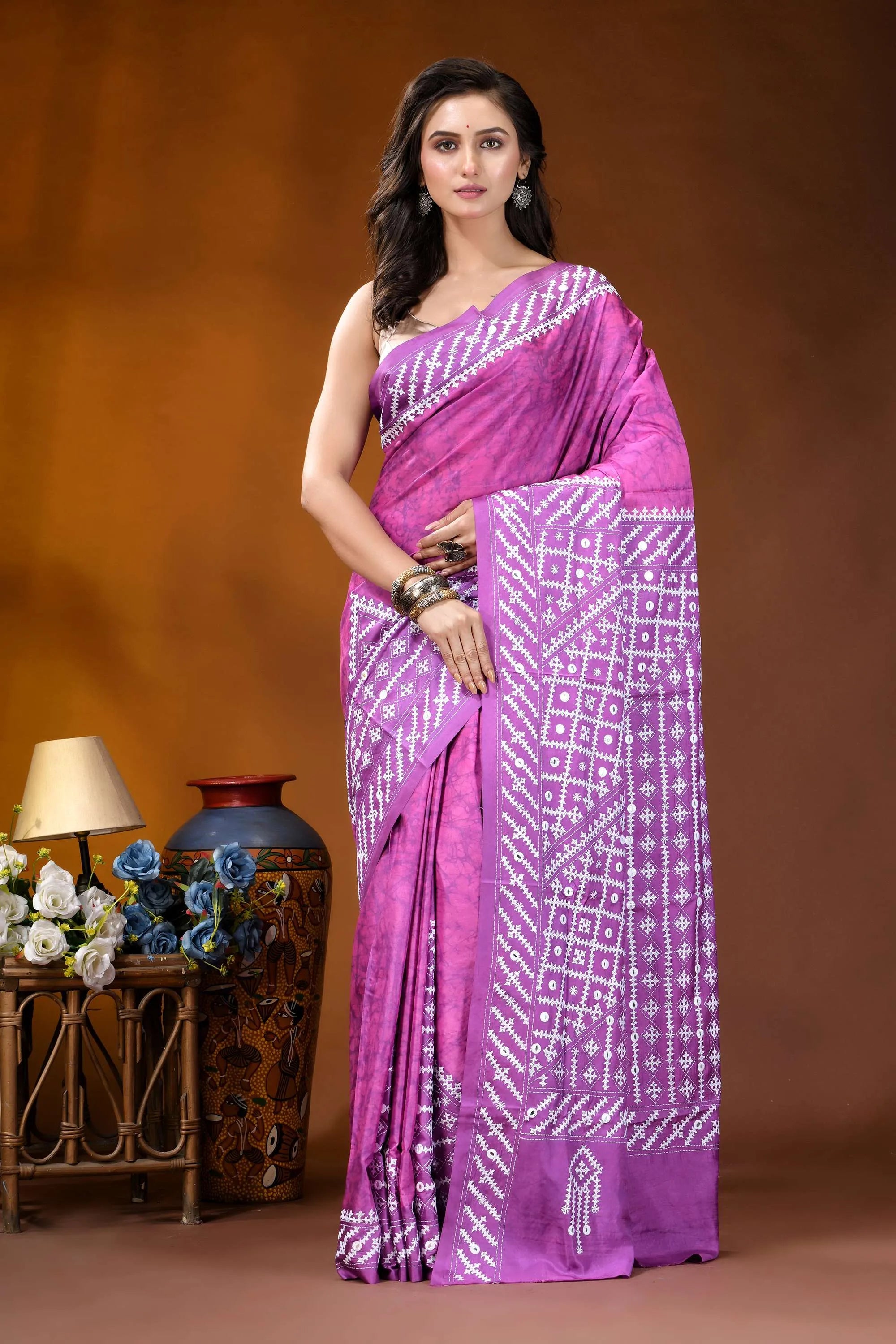 Pale magenta geometric hand batik gujrati stitch dyed silk saree with mirror detailing vibrant purple saree intricate