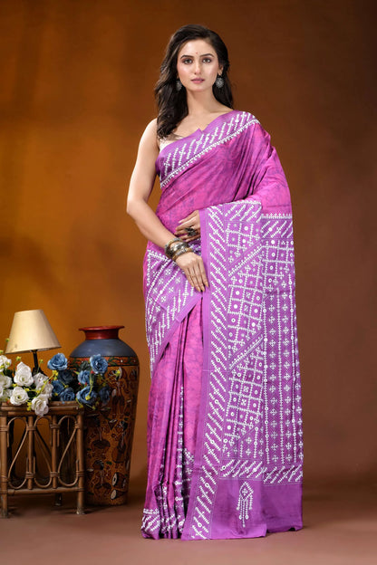 Pale magenta geometric hand batik gujrati stitch dyed silk saree with mirror detailing vibrant purple saree intricate