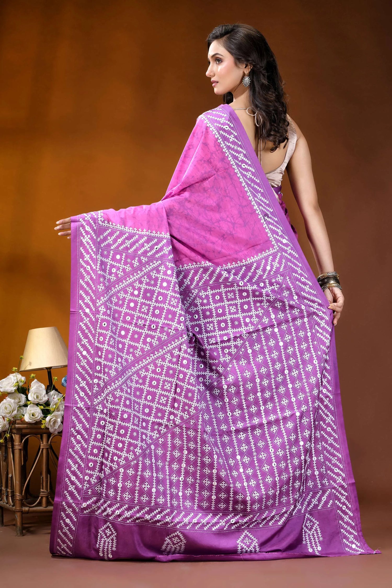 Pale magenta geometric hand batik gujrati stitch dyed silk saree with mirror detailing vibrant purple saree intricate