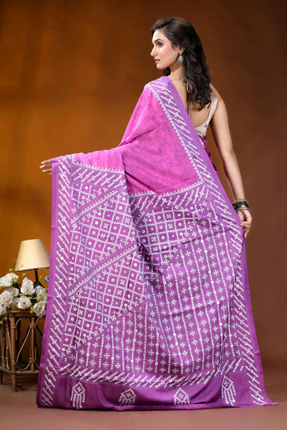 Pale magenta geometric hand batik gujrati stitch dyed silk saree with mirror detailing vibrant purple saree intricate