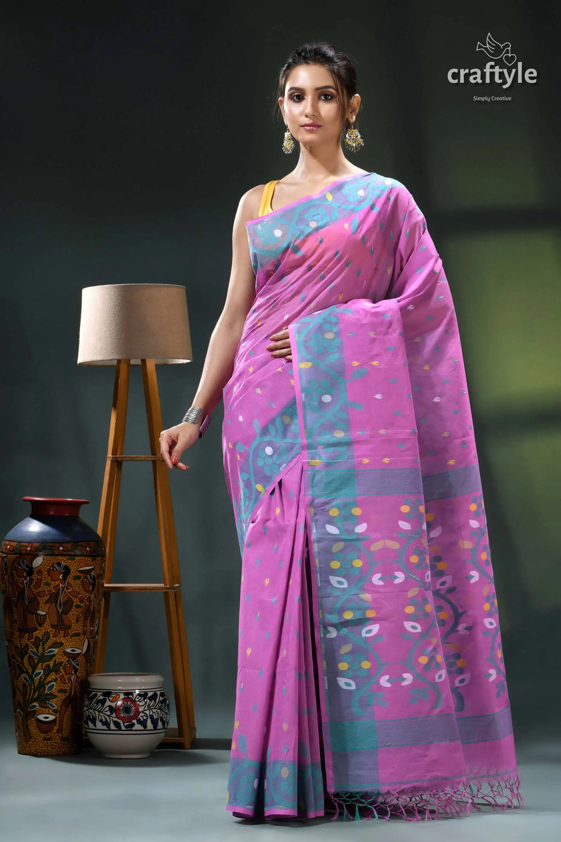 Pale magenta traditional cotton jamdani saree purple blue saree floral pattern 1