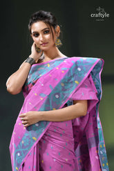 Pale magenta traditional cotton jamdani saree purple blue saree polka dot 2