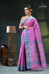 Pale magenta traditional cotton jamdani saree purple pink saree intricate paisley 3