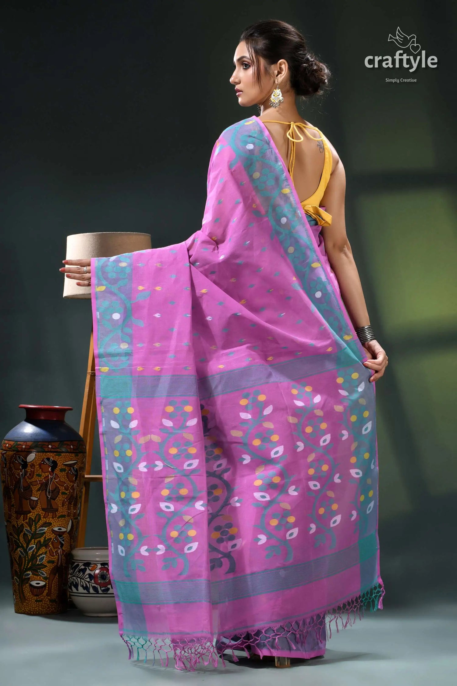 Pale magenta traditional cotton jamdani saree pink blue patterned saree intricate 5