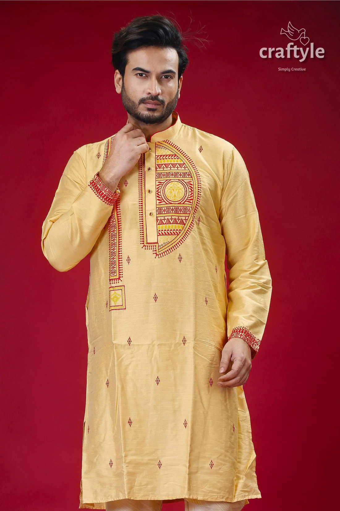 Pale yellow and red embroidered silk mens kurta - stylish traditional wear embroidered yellow kurta 2