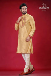 Pale yellow and red embroidered silk mens kurta - stylish traditional wear man embroidered kurta pants 4