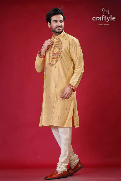 Pale yellow and red embroidered silk mens kurta - stylish traditional wear man embroidered kurta pants 4