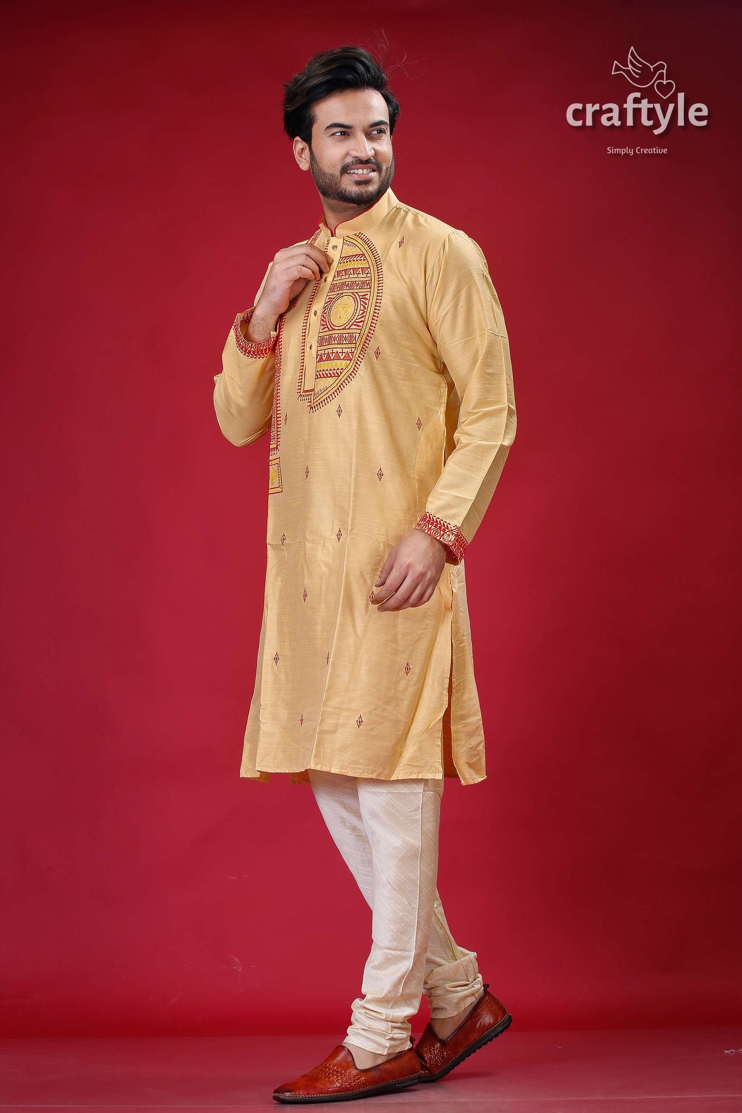 Pale Yellow and Red Embroidered Silk Mens Kurta - Stylish Traditional Wear - Craftyle