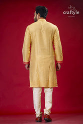Pale Yellow and Red Embroidered Silk Mens Kurta - Stylish Traditional Wear - Craftyle