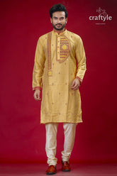 Pale Yellow and Red Embroidered Silk Mens Kurta - Stylish Traditional Wear - Craftyle
