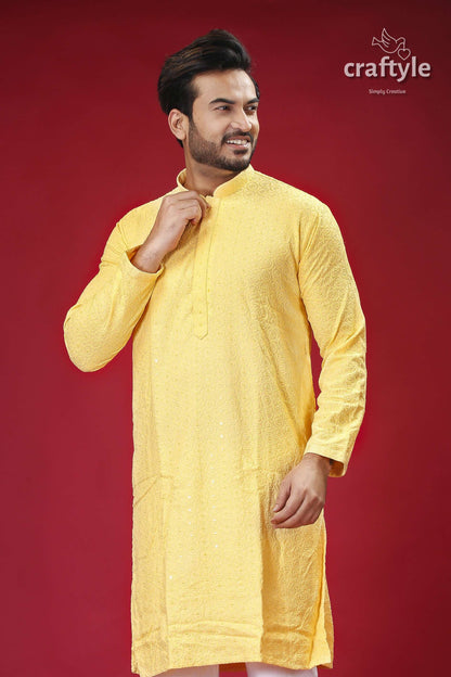 Pale Yellow Chikankari Punjabi for Men with Sequin Embellishments - Craftyle
