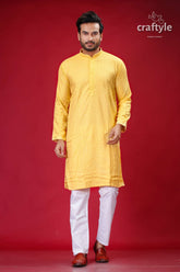 Pale Yellow Chikankari Punjabi for Men with Sequin Embellishments - Craftyle
