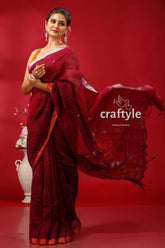 Pansy Purple Copper Zari Timeless Linen Jamdani Saree - Craftyle