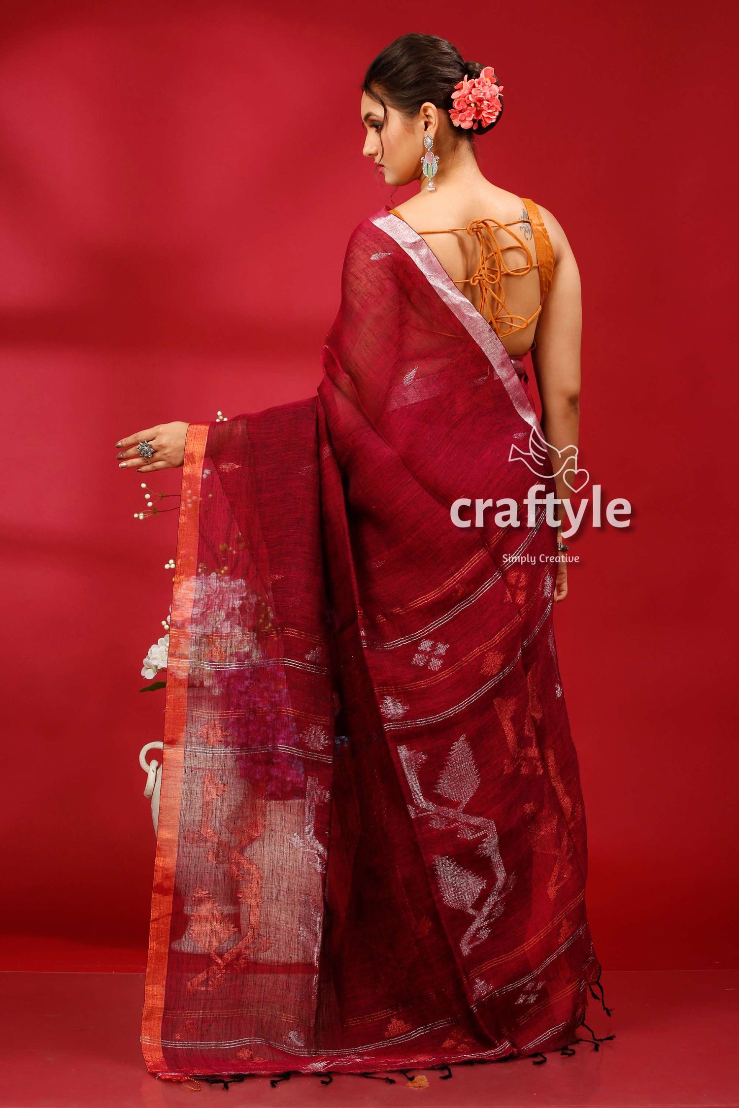 Pansy Purple Copper Zari Timeless Linen Jamdani Saree - Craftyle