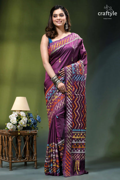 Pansy purple multi-thread kutch work dual-tone silk saree - mirror vibrant purple saree intricate multicolored 6