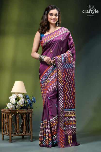 Pansy purple multi-thread kutch work dual-tone silk saree - mirror vibrant purple sari intricate multicolored 1