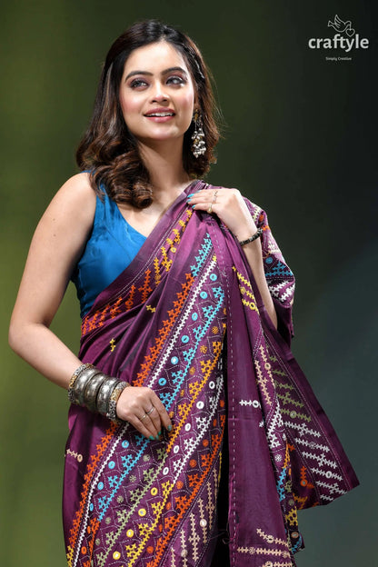 Pansy purple multi-thread kutch work dual-tone silk saree - mirror vibrant purple saree intricate geometric 2