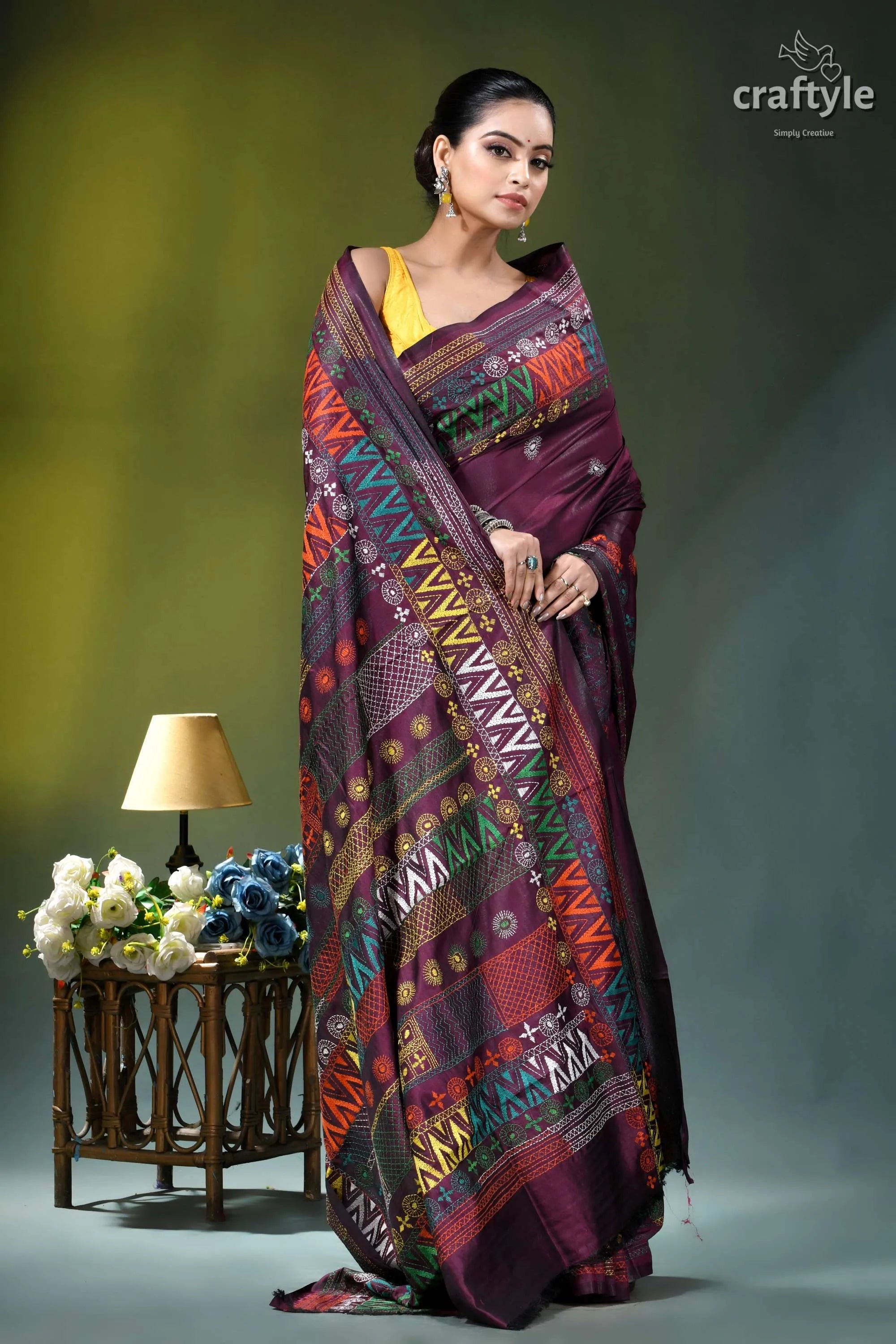 Pansy purple multithread hand embroidered geometric silk lambani saree woman wears maroon sari intricate 4