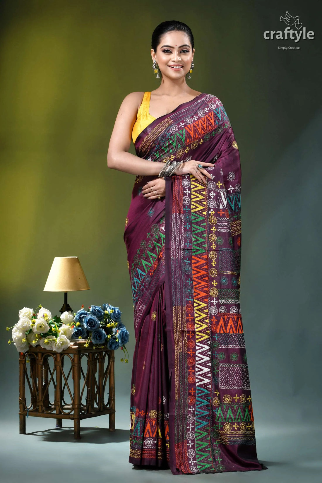 Pansy purple multithread hand embroidered geometric silk lambani saree maroon sari intricate geometric tribal-inspired 1