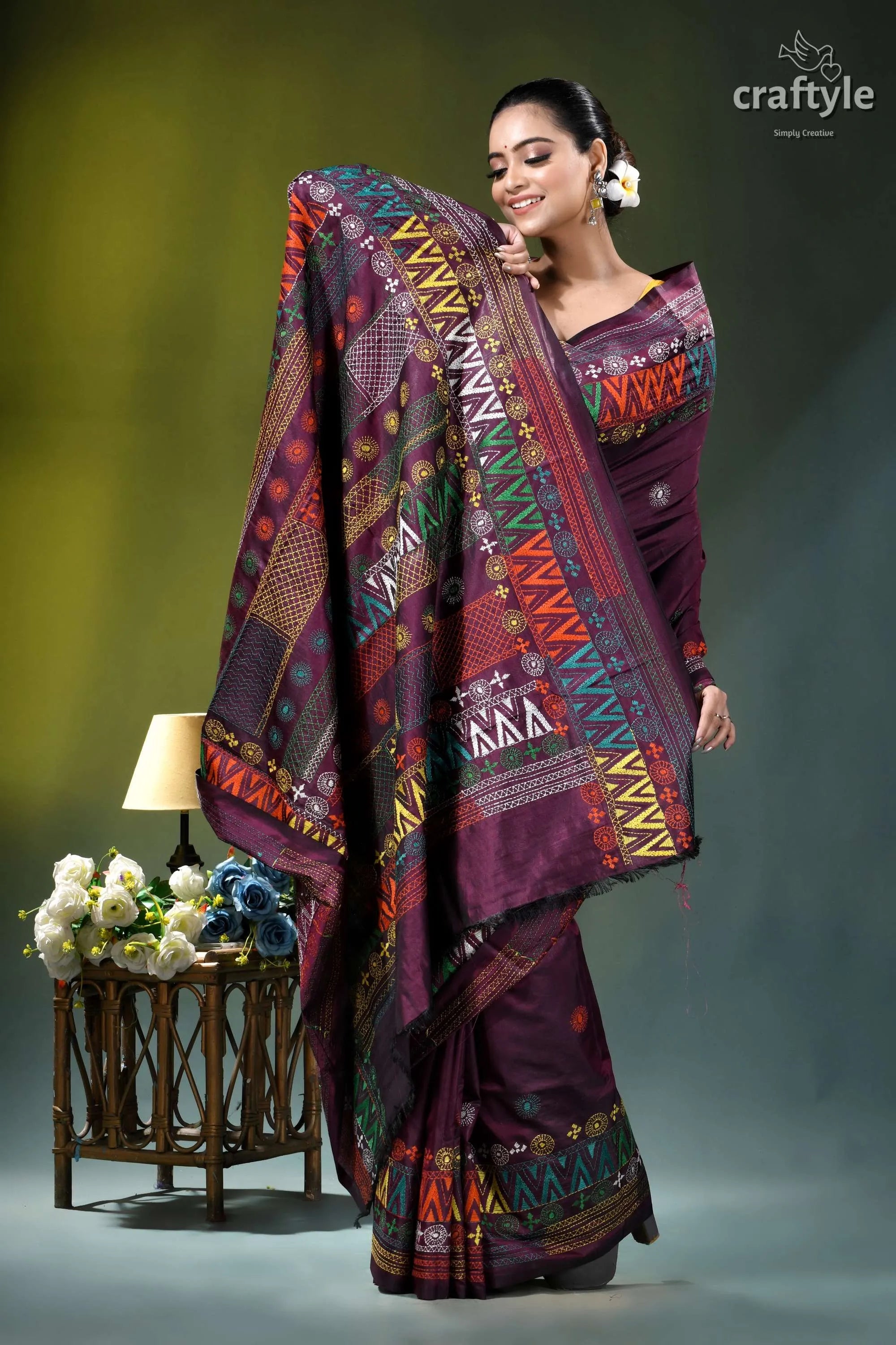 Pansy purple multithread hand embroidered geometric silk lambani saree maroon saree intricate geometric floral 7