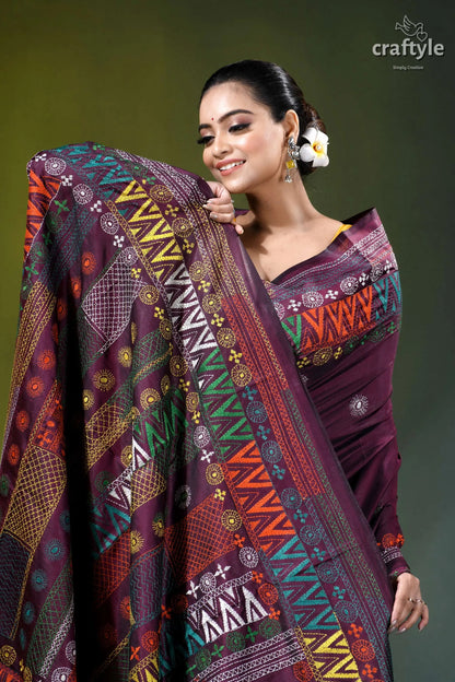 Pansy purple multithread hand embroidered geometric silk lambani saree vibrant maroon saree intricate geometric 2