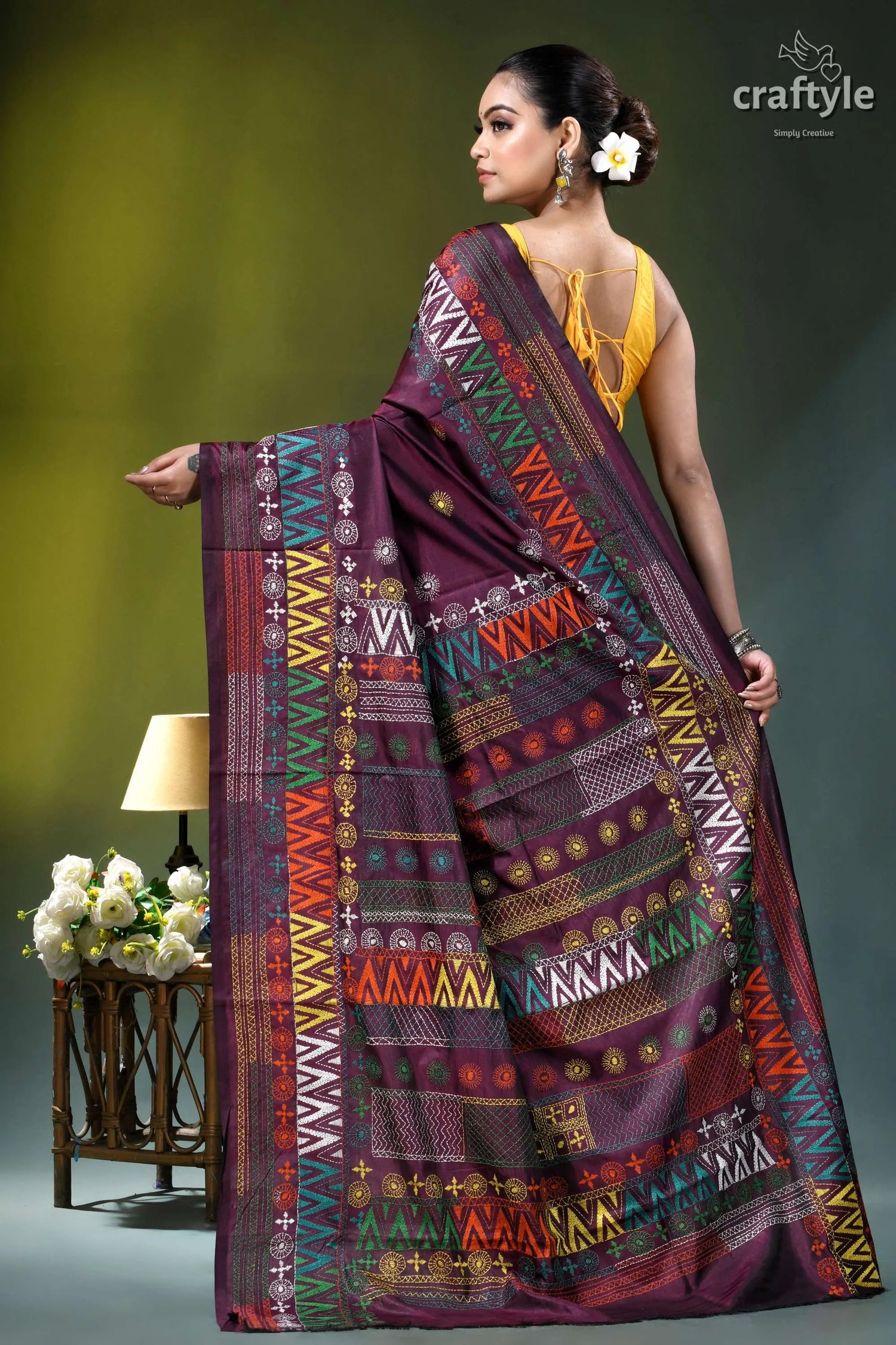 Pansy purple multithread hand embroidered geometric silk lambani saree rich maroon saree intricate geometric 5