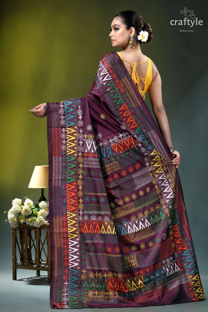 Pansy purple multithread hand embroidered geometric silk lambani saree rich maroon saree intricate geometric 5