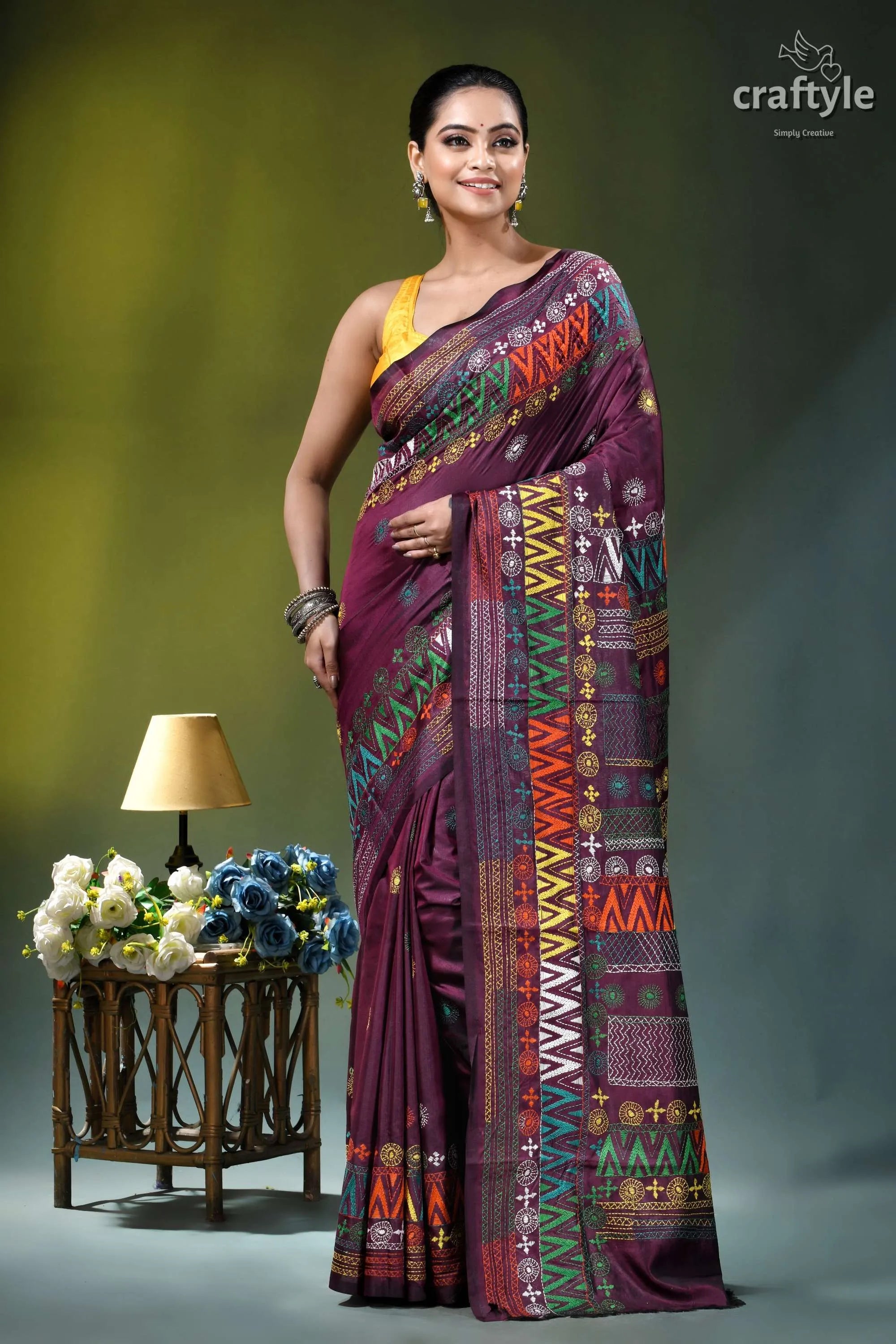 Pansy purple multithread hand embroidered geometric silk lambani saree maroon sari intricate geometric tribal-inspired 6