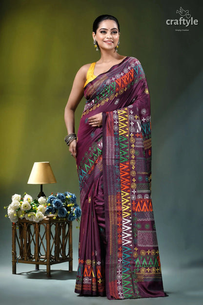 Pansy purple multithread hand embroidered geometric silk lambani saree maroon sari intricate geometric tribal-inspired 6
