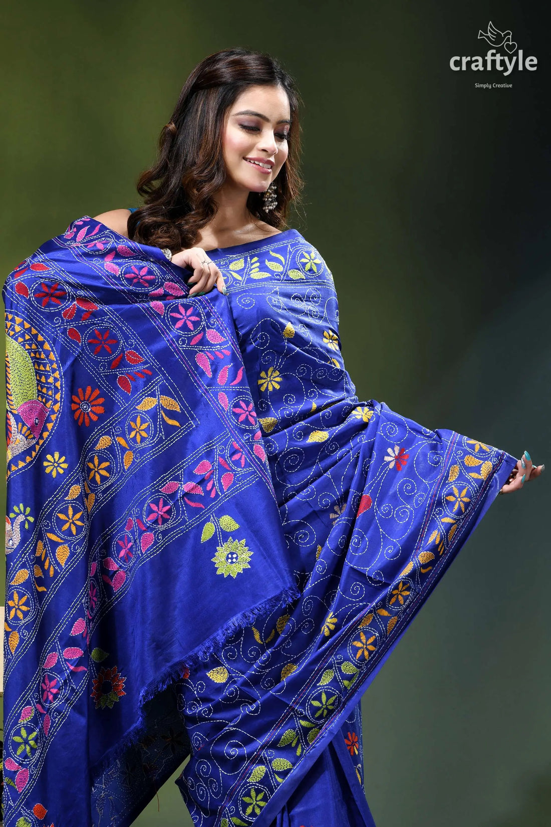 Pantone blue multicolor fish motif exclusive silk kantha saree vibrant royal blue saree adorned 2
