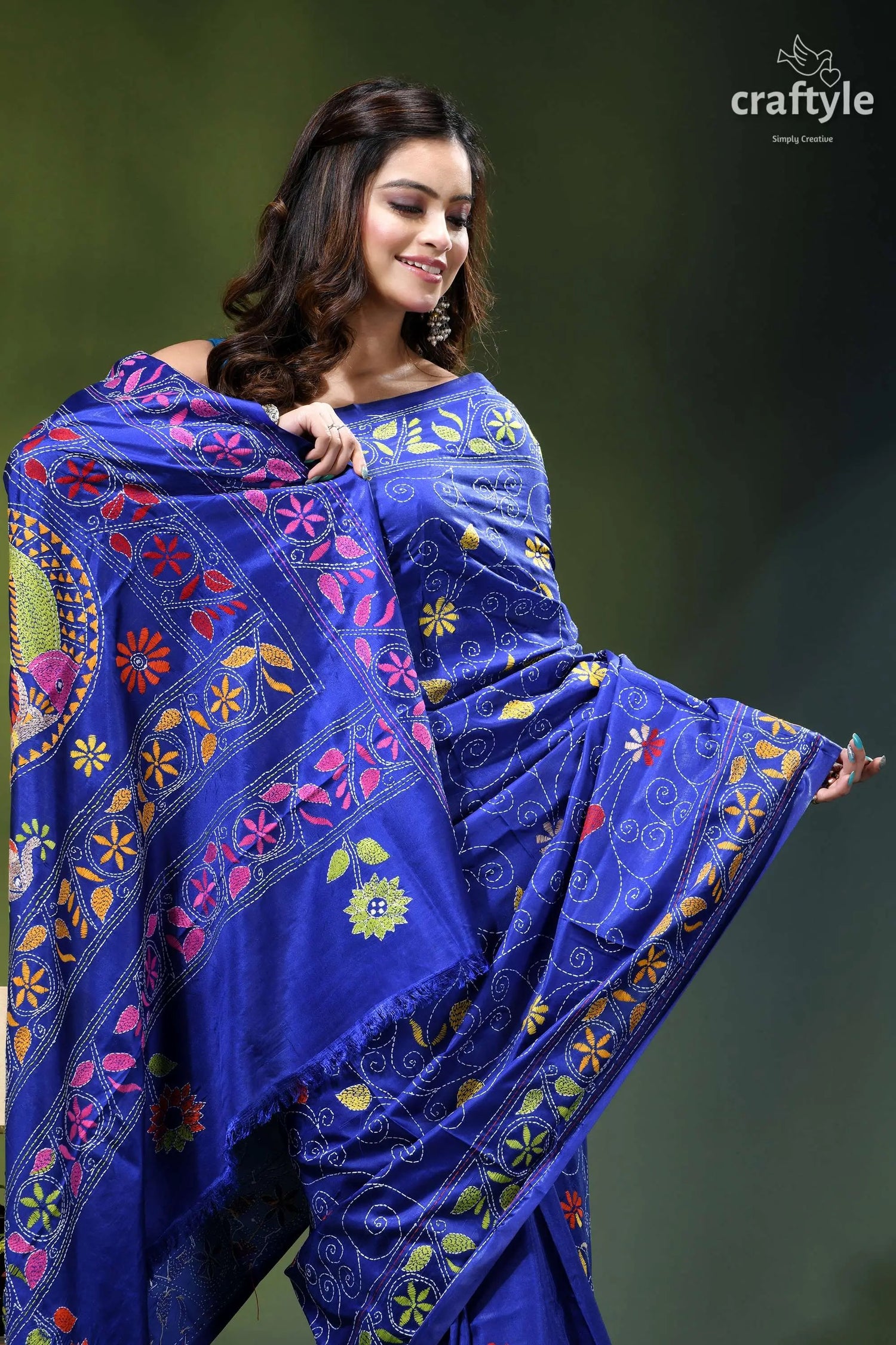 Pantone blue multicolor fish motif exclusive silk kantha saree vibrant royal blue saree adorned 2