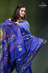 Pantone blue multicolor fish motif exclusive silk kantha saree vibrant royal blue saree adorned 2