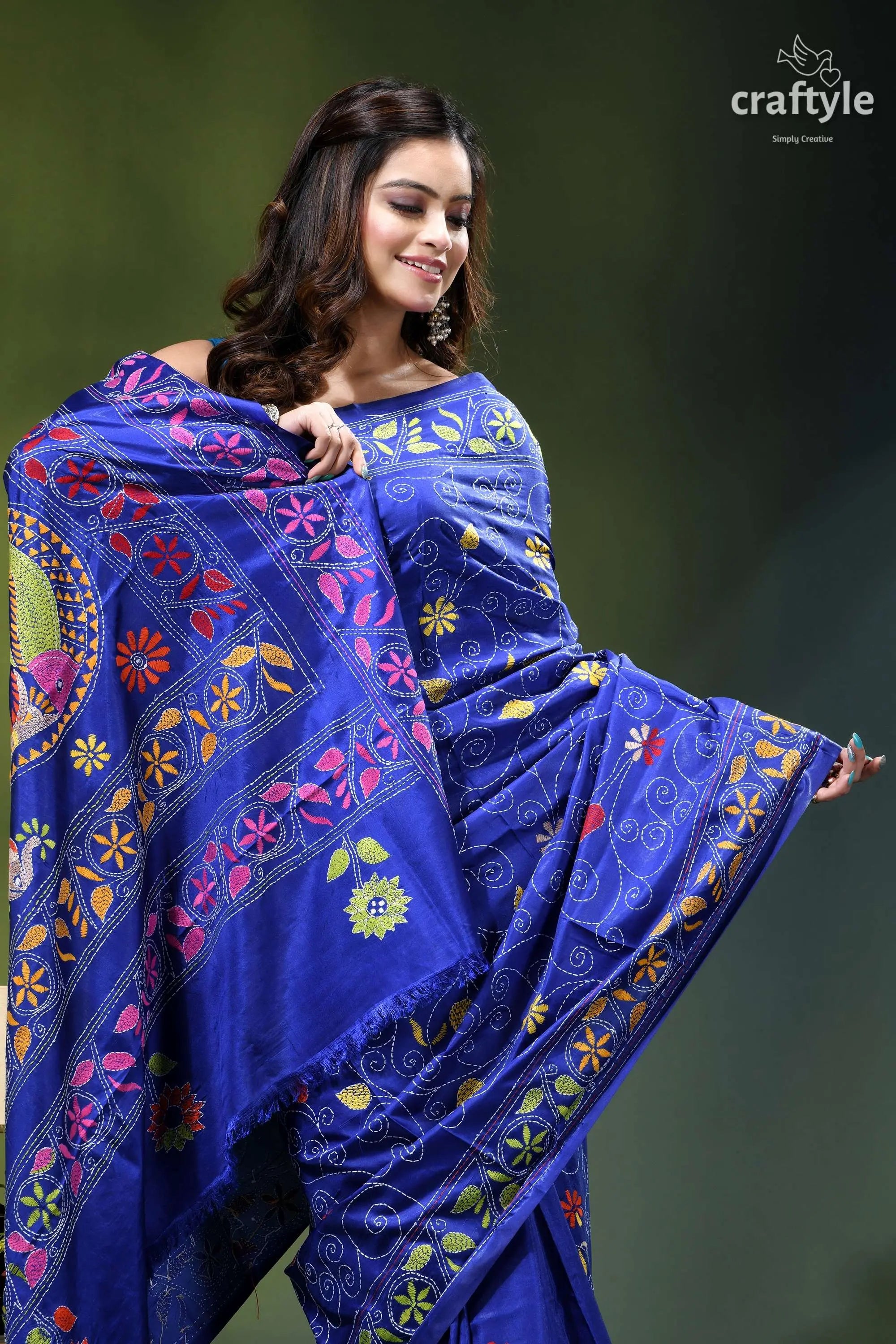 Pantone blue multicolor fish motif exclusive silk kantha saree vibrant royal blue saree adorned 2