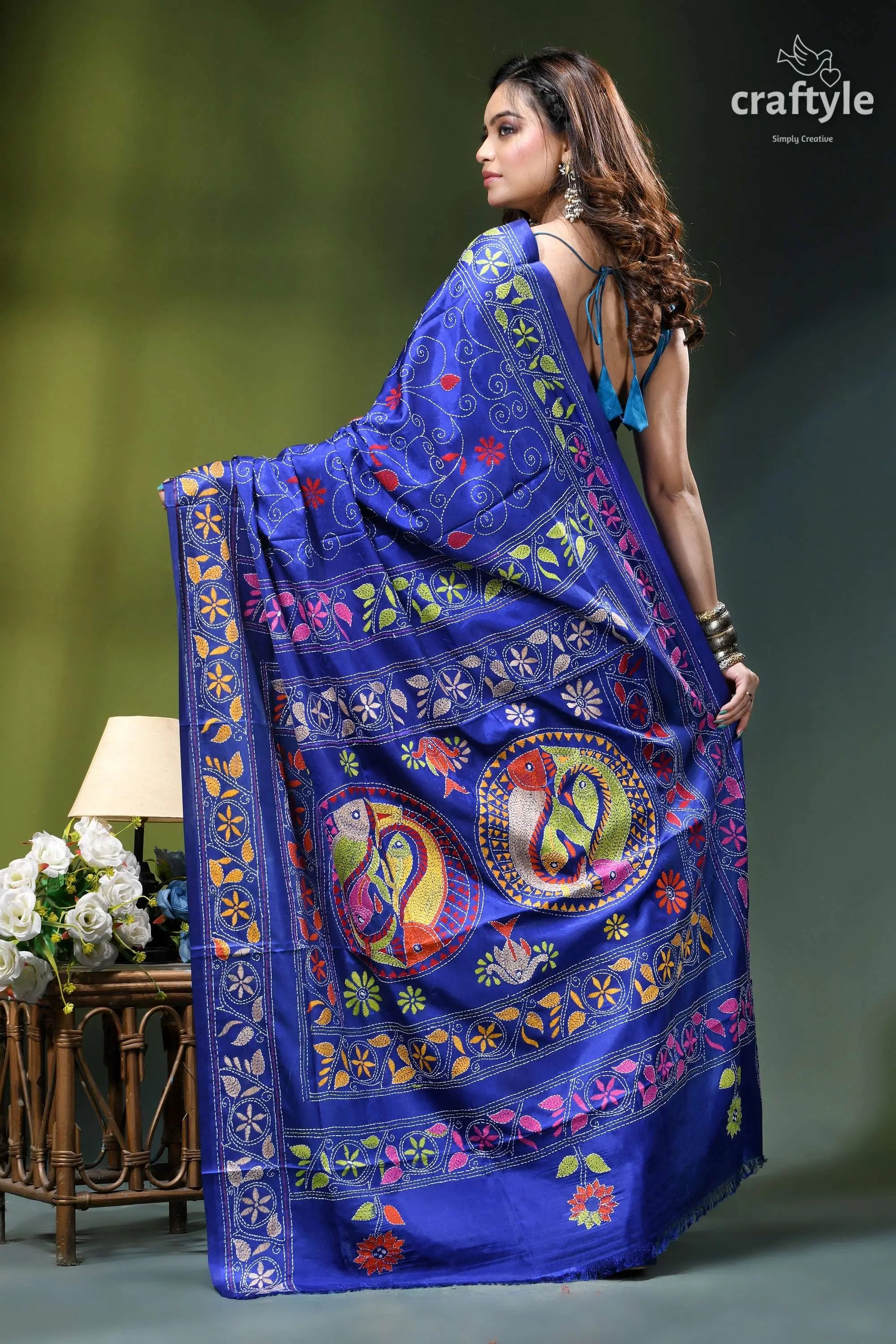 Pantone blue multicolor fish motif exclusive silk kantha saree vibrant royal blue silk saree 6
