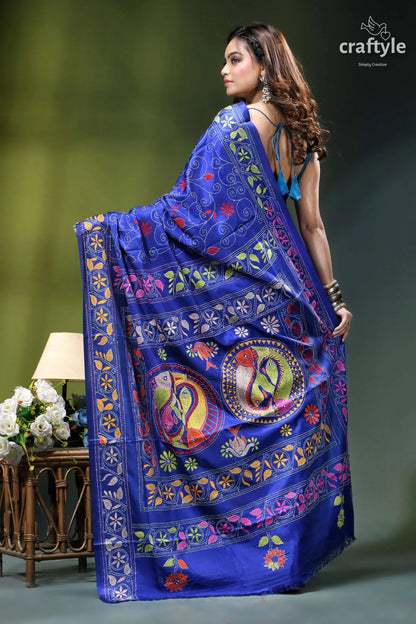 Pantone blue multicolor fish motif exclusive silk kantha saree vibrant royal blue silk saree 6