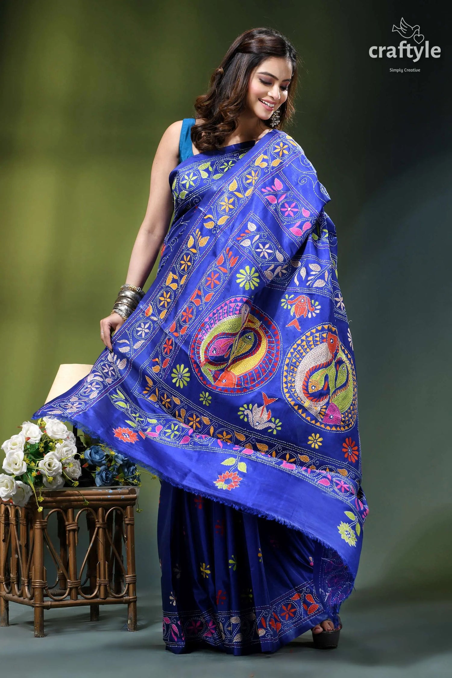 Pantone blue multicolor fish motif exclusive silk kantha saree vibrant royal blue saree intricate 5