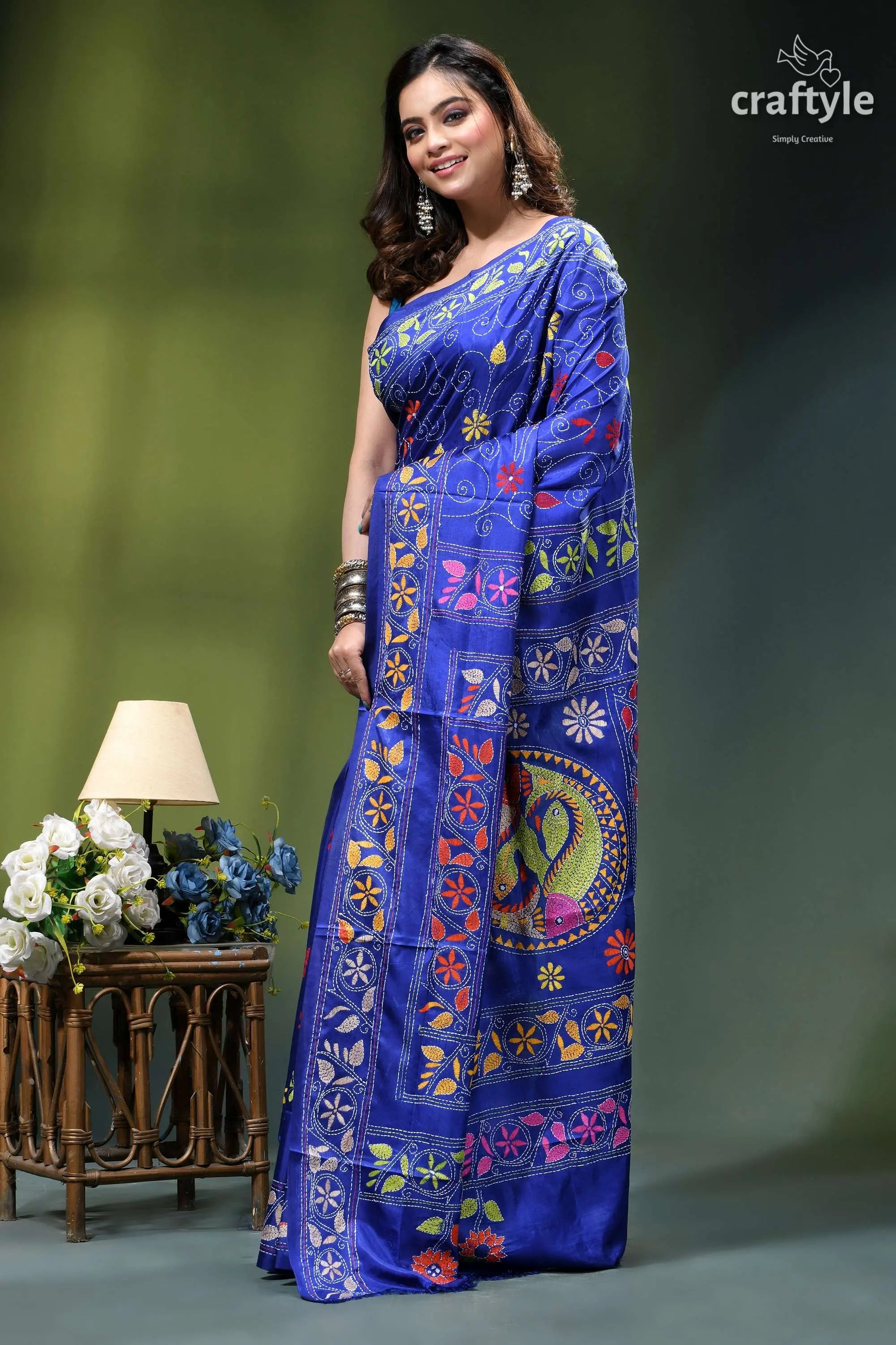 Pantone blue multicolor fish motif exclusive silk kantha saree vibrant royal blue saree intricate 3